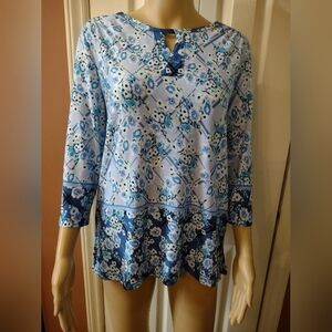 Links women's blue and white floral blouse shirt top size small